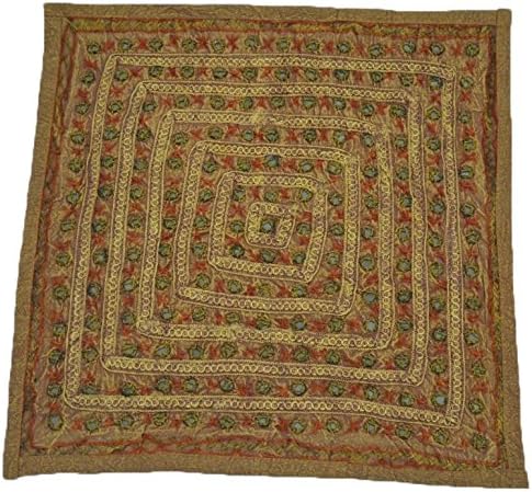 Mirror Work Cusion Cover With Silky Thread (Khaki)