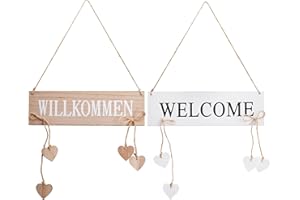 com-four® 2X Appendiabiti Willkommen e Welcome con Cuori Pendenti - cartelli per Porte in Legno da Appendere - appendini per la Primavera, la Pasqua e L'Estate (02 Pezzi - Bianco)