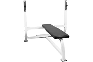 GORILLA SPORTS® Panca Pesi con Portabilanciere - Carico 250 kg, per Bilancieri da Più di 110 cm, Piedini Gommati, con Pedana, Bianco - Panca Piana Ampia, Rack, Palestra, Multifunzione, Fitness