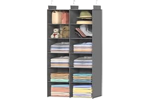 ALLTIDYUP Organizer Armadio da Appendere-Ripiano Pieghevole a Doppia Fila con 6 Scomparti,12 Tasche e 3 Ganci,Salvaspazio per Vestiti,Ideale per Dormitori e Camera da Letto (Grigio, 6 Ripiani)