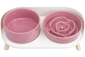 PTOBER Elevated Slow Feeder Dog Bowls - Slow Down Dog Food Bowl with Dog Water Bowl Combo Pack - Raised Ceramic Dog Bowl Set with Anti-Slip Stand - Fun Maze Pet Feeding Dishes for Small and Medium Sized Dogs