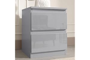 Blisswood High Gloss Chest of Drawers 2 Drawer Bedroom Storage Unit with Metal Runners, Small Grey Bedside Cabinet for Bedroom, Living Room, Nursery or Office Furniture (40D x 42W x 55H cm)