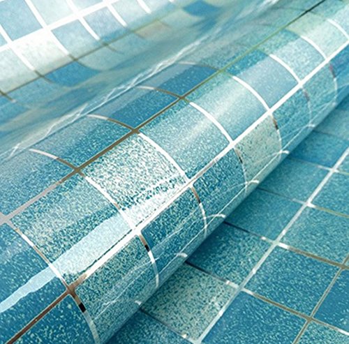 DooXoo Faux Tile Mosaic Aluminum Foil Self-adhensive Anti Oil Wallpaper 45x200cm for Kitchen Tile Backsplash Decorative Ceramic Tile (Blue) by DooXoo