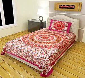 RajasthaniKart Comfort Rajasthani Jaipuri Traditional Sanganeri Print 144 TC 100% Cotton Single Bedsheet with 1 Pillow Covers