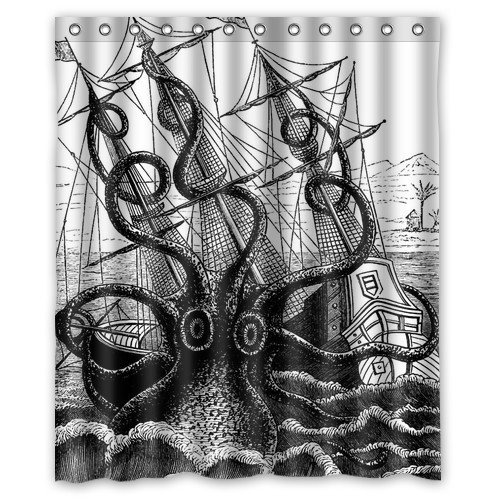 Futefew Personalized Bathroom Decor Kraken Attack 1815 Collosal Polypus Octopus and S Pattern Shower Curtain 60" X 72"-waterproof Polyester Fabric Shower Curtain Super Soft -Bath Curtain Great for Friends-holiday Gifts-gift for Happy Easter Day-birthday Gift