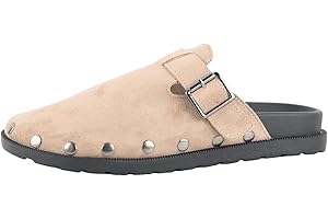 PMUEI Women's Suede Slip-on Slippers Ladies' Buckle Flat Mules for Outdoor Activities Basic Closed-Toe Clogs and Women's Slingback Shoes.