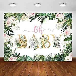 Avezano Safari Baby Shower Backdrop for Girl Oh Baby Jungle Baby Shower Photography Background Tropical Zoo Animals Gold Green Greenery Leaves Baby Shower Party Photoshoot (7x5ft)