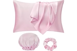 Seiwohl Silk Satin Pillowcase Soft as Silk Pillowcases for Hair and Skin Pink Pillow Cases 2 Pack with Satin Scrunchies and Bonnet for sleeping, Cooling Pillow cases Envelope Closure, 50x75 cm