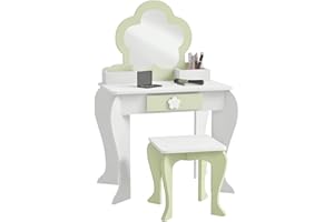 ZONEKIZ Dressing Table with Mirror and Stool, Kids Vanity Table with Drawer, Storage Boxes, Beauty Flower Design Girls Dressing Table for Ages 3-6 Years - White