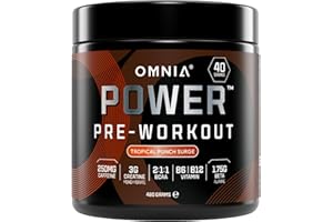 OMNIA Power Pre Workout Powder - Energy Drink with Creatine Monohydrate, Beta Alanine, Caffeine and Citrulline, Physical Performance for Gym or Sports, 40 Servings - Tropical Punch Surge