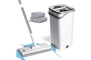 Masthome Mocio Lavapavimenti e Secchio Strizzatore, Mocio Piatto Rotante 360° e Secchio con 5 Panni Ricambi e Manico da 140 cm, Set Mocio Lavapavimenti e Secchio per Legno Duro, Piastrelle, Marmo