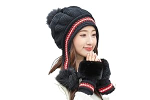 Vohoney Wintermütze Strickmütze Damen Warmer Beanie mit Pompon Mütze Handschuhe Set 2 in1 Winter Dickes Strickset Frauen Mütze mit Passendem Handschuhe Women Hat and Gloves Geschenk Winterzubehör