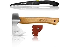 Xforst Set AG1 + FS24 – Hachette en Hickory & Scie Pliante 24 cm – Acier Carbone Forgé & Lame Teflon – Kit Outdoor, Camping, Bushcraft & Jardin