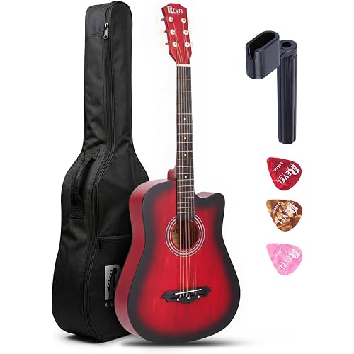 Revel 38 Inches Cutaway Design Acoustic Guitar with Carry bag and Plectrums. Great tone and Beginner/Learners standard size configuration for all age groups (Red)