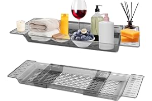 Luxvara Plateau Baignoire, Tablette Baignoire, Plateau de Baignoires Extensible Antidérapant, Planche de Bain Ajustable pour Livre, Verre à Vin, Bougie, Téléphone et Tablet (Gris)