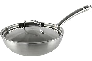 KAMBERG - Wok Ø28 cm en Acier Inoxydable 18/10 Triply - Sans PFAS - Couvercle inclus - Tous feux dont induction et four - 0008281, Gris