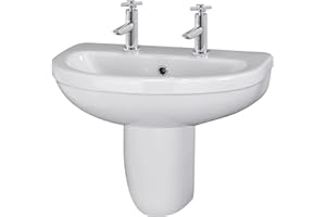 Balterley 555mm Bathroom Sink, Semi Pedestal Ceramic Round Bowl Bathroom Wash Basin Sink with Overflow, 2 Tap Hole, Wall Mounted Basin Sinks for Cloakroom - 555 x 445 x 498mm (White)