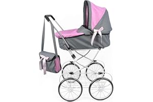 The Magic Toy Shop BiBi Doll Baby Doll Pram Toy In Pink With Storage Basket, Carry Bag For Girls Boys Ages 3 To 10 Years - Cambridge Dolls Pram Toys, Baby Doll Accessories, Dolls Pushchair, Dolls Cot