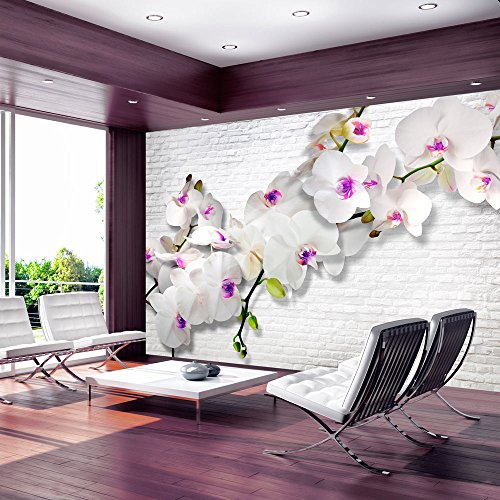 FOTOTAPETE 350x245 cm - VLIES TAPETE PREMIUM - PROFI QUALITÄT - 3 Farben zur Auswahl - Top moderne Wanddeko - Wandbilder XXL - Riesen Wandbild - Top Design Tapete - Neue exklusive Edition mit noch besser Druckauflösung - Deutsches Premium Vlies - Mauer Ziegel Blumen Orchidee b-A-0089-a-d