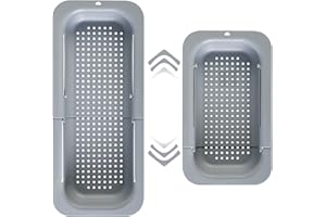 BEDECO Seiher Sieb für Spülbecken, Ausziehbar Siebkorb über der Spüle, Abtropfsieb Waschbecken Ideal zum Gemüse und Obst waschen, Gekochte Nudeln und Trockengerichte Abtropfen Lassen, 34,5-48 x 6.5 x 20 cm