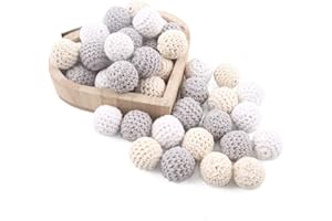 Promise Babe 20mm 10 PC Erwachsene Bunt Grau Beige Runde Gehäkelt Holzperlen mit Loch zum Auffädeln, Handgefertigt Holzkugeln DIY Schmuck Halskette Armband Selber Machen Basteln Crocheted Wooden Beads
