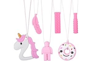ORUZA 6 Stück Sensory Kauen Halskette, Rosa Silikon Kaukette für Autistische Kinder, Zahnen, Angst, Beißen Bedürfnisse, ADHS, Oral Motor Chewy mit Verstellbaren Schnalle für Baby Jungen Mädchen