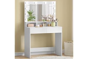 EUGAD Toeletta da Trucco con Luci LED, Luminosità Regolabile, Postazione da Trucco con Grande Specchiera, 3 Scomparti a Giorno, 2 Cassetti e 1 Ripiano, in Truciolare, Bianco