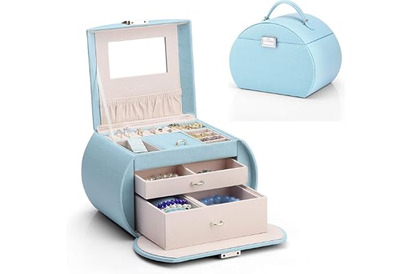 Vlando Boîte à Bijoux, Coffret à Bijoux avec 3 Niveaux, Rangement pour Colliers, bagues, Montres, avec Miroir et poignée, Carte de voeux, Cadeaux pour les filles et les femmes (Bleu)