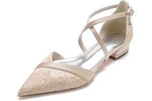 Elegant Lace Wedding Flats with Ankle Strap, Pointed Toe Low Heels Bridal Shoes for Women