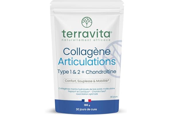 Collagène Articulations en Poudre | Peptides de Collagène Marin Peptan® & Cartidyss® Types 1 et 2 + Chondroïtine Chondro’Sea® + Vitamine C | 30 Jours de Cure | Made in France | Terravita