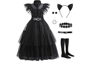VIPten Wednesday Dress for Kids Girls, Addams Family Cosplay Outfit Gothic Costumes for Halloween Birthday School Party