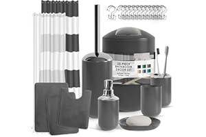 Clara Clark Bathroom Set - Gray Bathroom Accessories Set, Bathroom Sets with Shower Curtain and Rugs, 23PC Shower Curtain Set with Liner, Soap Dispenser, Soap Dish, Toilet Brush Holder, and Trash Can