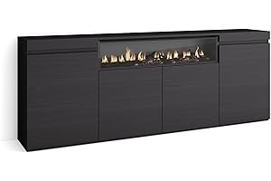 Skraut Home | Credenza, Mobile, Cucina | Madia, mobile ingresso | 200x75x35cm | 4 Porte | Camino elettrico | Stile moderno | Nero