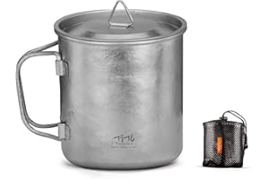 TiTo Titanium Cup Camping Tea Coffee Water Mug Ultralight Portable Cookware 450ml Foldable Handle Titanium Pot with Lid for Outdoor Backpacking Hiking Picnic Drinkware Open Fire (Bright Titanium)
