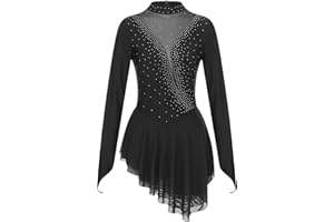 Oyolan Femme Robe Patinage Artistique Asymétrique Justaucorps Gymnastique Danse Strass Manches Longues Tenue Spectacle S-XXL