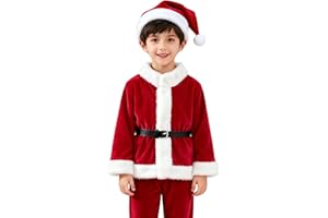 Achimlt Vestito Babbo Natale Bambino 4 Pezzi Costume Babbo Natale con Cappotti Pantaloni Cappello e Cintura, Neonato Bambini 12 Mesi a 8 Anni Travestimento Cosplay Natalizi Regalo