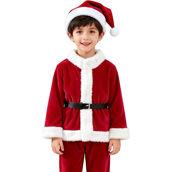Costume Père Noël Enfant - Set Complet Haut+Pantalon+Bonnet+Barbe+Ceinture, Taille 3 à 14 Ans