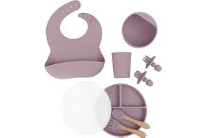 Yunioo Extra Heavy Silicone Baby Feeding Set Essentials, Premium 9-Piece Set of Baby Led Weaning Supplies with Silicone Baby Plate with Lid, Superior Suction Bowl and Baby Utensils - Pink