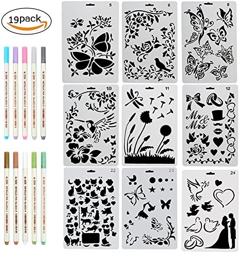Set of 9 Reusable Stencil with 10 Pens in 9 different styles to models suitable to the Creation Wall Paper Greeting Card Scrapbooking L School Projects and plans Newspapers Perfect Accessories and Materials for DIY and for Hobby Creative Good Gift for Students Children Girls Son Daughter Travellers (Kit 19)