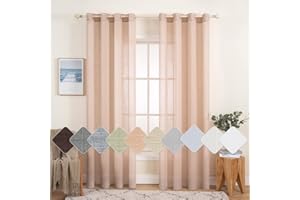 MIULEE Cortinas de Lino Cruzada Visillo Translucido Poliester de Dormitorio Moderno Transparente Color Puro para Ventana Sala Cuarto Habitacion Comedor Cocina Salón 2 Hojas 140x175 cm Durazno