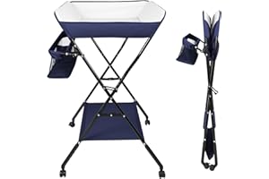 HUOLE Table à langer 2 en 1 avec baignoire, Table à langer pliable et compacte, de la naissance à 12 mois, Hauteur Réglable, Commode à Langer Portable, Charge 25KG-86 * 62 * 96 cm-bleu marine