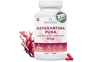 Bandini® Astaxantina pura 270 cápsulas | Oleorresina rica en astaxantina del microalga Haematococcus pluvialis | Potente Antioxidante Natural 8 Mg por dosis diaria | Sin OMG | Suministro para 9 meses