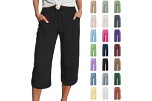 HOOUDO Womens Summer Linen Shorts Elastic Waist Knee Length Bermuda Shorts Loose Casual Hot Pants Wide Leg Beach Trousers Shorts with Pockets