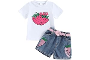 DAPONGZHI Set di Abbigliamento per Ragazze, Completi Due Pezzi Canotta Crop Maniche Corta e Pantaloncini di Jeans, Stampa di Fragole,Regalo Estivo 2-7 Annii,Completo Sportivo Bambina,Costume Mare Bambina