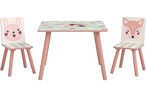 ZONEKIZ Tisch und 2 Stühle für Kinder, 3-8 Jahre, 3-teiliges Set, Tiermotiv, für Schlafzimmer, Spielzimmer, Füße aus Massivholz, Rosa