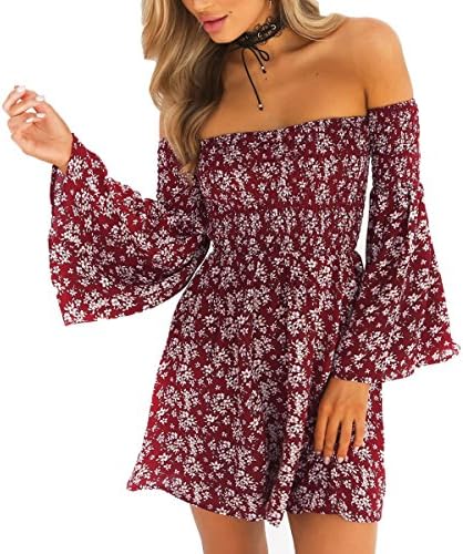 Fanmay Womens Off Shoulder Trumpet sleeve Floral Print Mini Dress Summer Evening Party Dresses Skirts (L, Red)