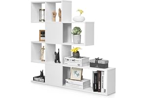 HOMASIS Libreria Scaffale a Forma di Mossa con 4 Livelli, Libreria Moderna Design in Legno, Divisorio Bifacciale Verticale per Soggiorno, Libreria Bianca a Forma di Scala, 120x19,5x109cm (Bianco)