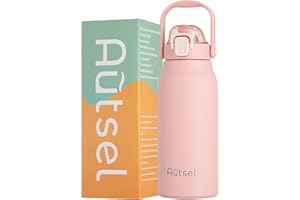 Autsel Bouteille Isotherme 1.7L Gourde Inox Isotherme avec Paille Gourde Sport Étanche Gourde Musculation avec Poignée, pour Le Sport, La Randonnée, La Maison, en Plein Air