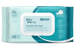 WhyWorry XL Papier Toilette Humide 20x25 cm pour Adultes, Extra Épais Lingettes Nettoyage Jetable dans les Toilettes, Camomille et Vitamine E, 100% Végétales & Sans Colorant, Sans Parfum, 48 Unité