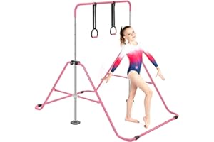 M.J COMFY-LIFE Gymnastics Bar With Rings for Kids, Horizontal Bars Training Kip Bar with Adjustable Height Levels 90–130cm, Gym Equipment with Non-Slip Base for Home Fitness, Swing